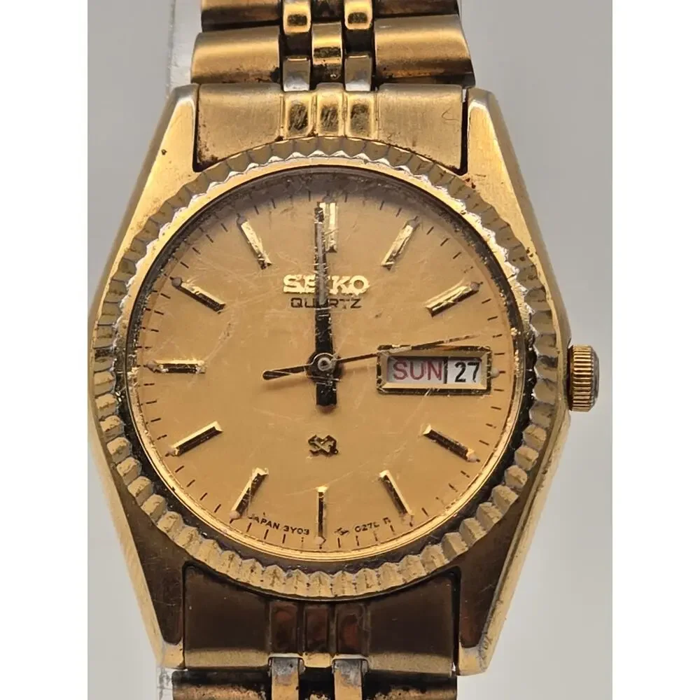 Seiko Quartz Gold Tone Day Date Watch Small Link Bracelet